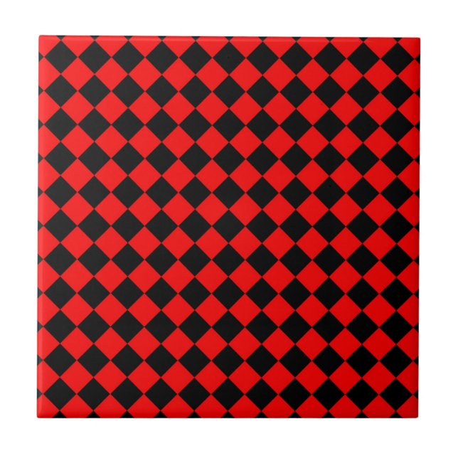 Red Black Schachbrett Diamond Pattern Fliese (Vorderseite)