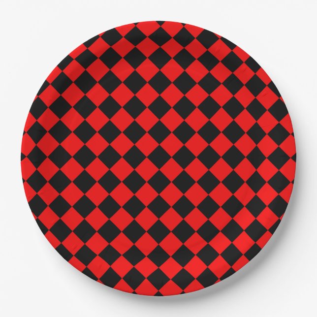 Red Black Schachbrett Diamond Pattern Pappteller (Vorderseite)