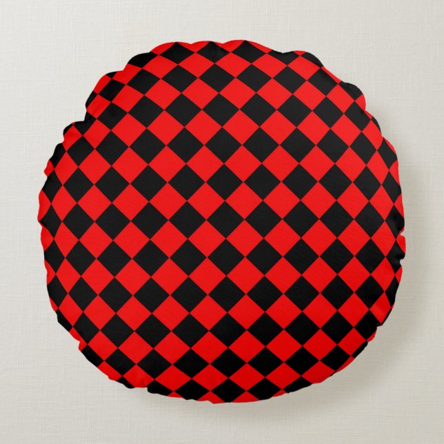 Red Black Schachbrett Diamond Pattern Rundes Kissen (Vorderseite)