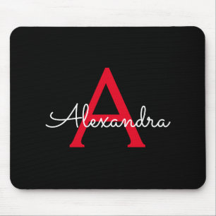 Red Black Script Giron Monogram Name Mousepad