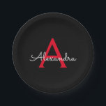 Red Black Script Giron Monogram Name Pappteller<br><div class="desc">Rot und Schwarz Monogram Fügen Sie Ihre eigenen Namen Script Party-Teller hinzu. Das macht den perfekten 16 Geburtstag,  Hochzeit,  Brautparty,  Jubiläum,  Babydusche oder Junggeselinnen-Abschied Geschenk für jemanden,  der Lieben glamourösen Luxus und schicke Stile.</div>