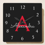 Red Black Script Giron Monogram Name Quadratische Wanduhr<br><div class="desc">Rote und schwarze Script Monogram Name Clock. Das macht den perfekten 16 Geburtstag,  Hochzeit,  Brautparty,  Jubiläum,  Babydusche oder Junggeselinnen-Abschied Geschenk für jemanden,  der Lieben glamourösen Luxus und schicke Stile.</div>