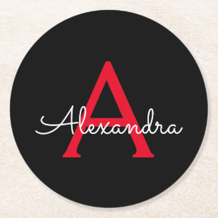 Red Black Script Giron Monogram Name Runder Pappuntersetzer