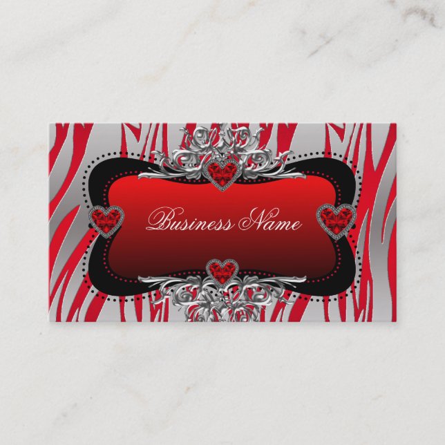 Red Black Silver Diamond Hearts Zebra Business Visitenkarte (Vorderseite)