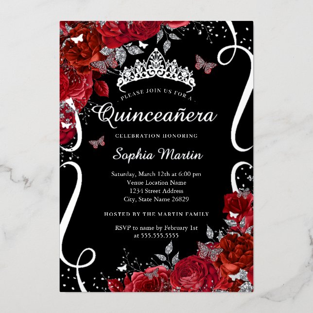 Red Black Silver Floral Butterfly Quinceanera Folieneinladung (Vorderseite)