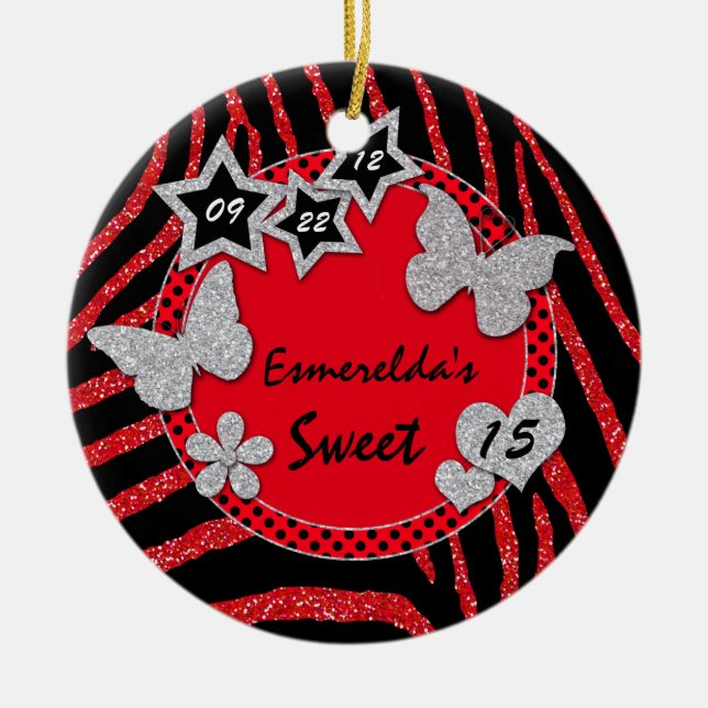 Red Black Silver Zebra Sweet 15 Foto Ornament (Vorne)