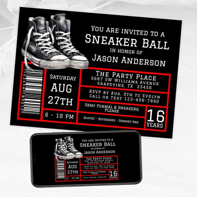 Red Black Sneaker Ball Geburtstagsparty Einladung (Boy red black sneaker ball invitations shoe label style. Available for instant download and print.)