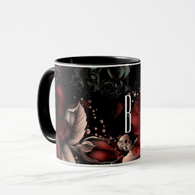Red Black Sparkle Rose & Skull Personalisiert Tasse (Vorderseite Links)