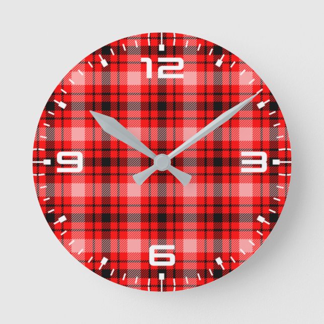 Red Black Tartan Checkered Kariert Pattern-24899 Runde Wanduhr (Vorderseite)