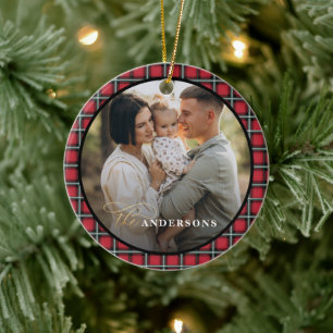 Red Black Tartan Foto personalisierte Weihnachten Keramik Ornament