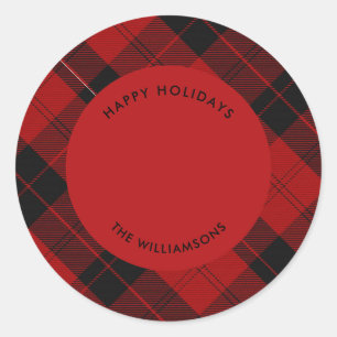 Red Black Tartan Individuelle Name Message Runder Aufkleber