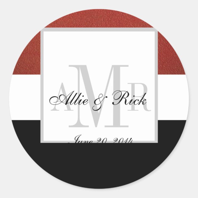 Red Black Three Monogram Wedding Siegel Runder Aufkleber (Vorderseite)