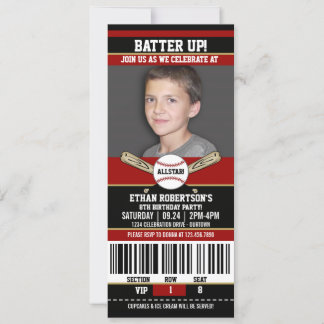Red|Black Ticket Style Baseball Geburtstagsparty Einladung