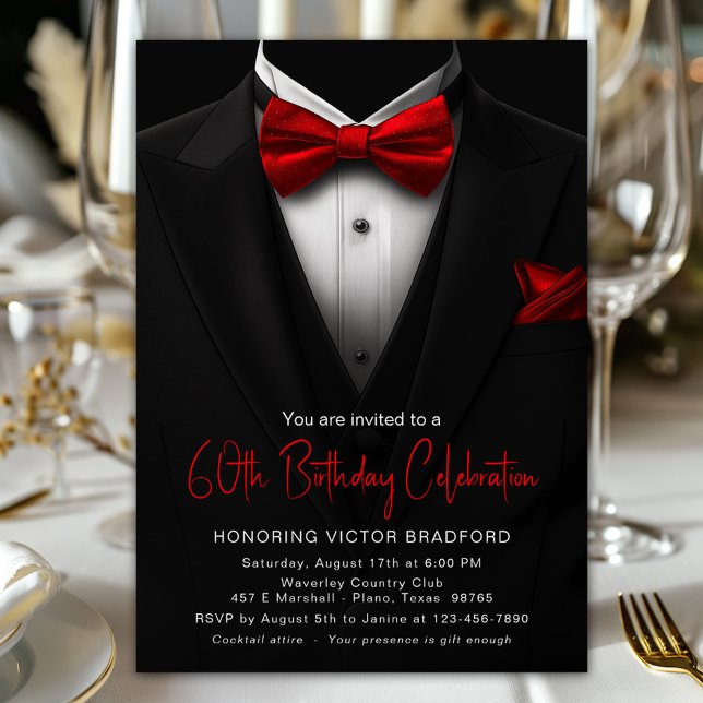 Red Black Tuxedo Mens beliebig viele Geburtstage Einladung (Tuxedo and red tie any number birthday and event invitation. Simply add your event details.)
