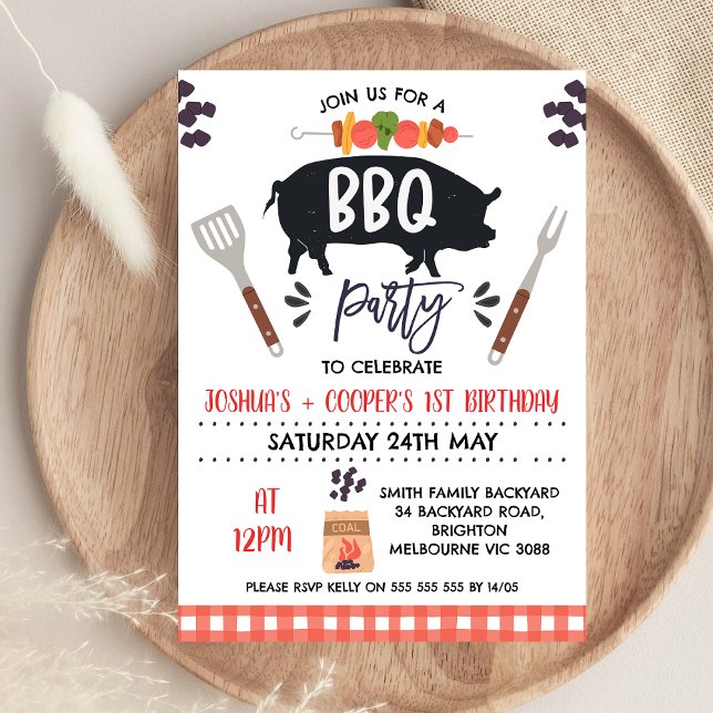Red Black Twins Pig Roast Kebab GRILLEN Birthday Einladung (Red Black Twins Pig Roast Kebab BBQ Birthday Invitation Backyard BBQ Twins Birthday Invitation
)
