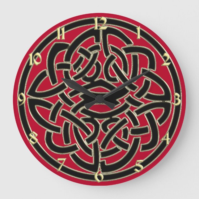 Red Black und Gold Metallic Celtic Knot Clock Große Wanduhr (Vorderseite)