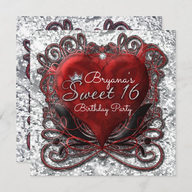 Red & Black Valentine Heart Foil Look Sweet 16 Einladung (Vorne/Hinten)