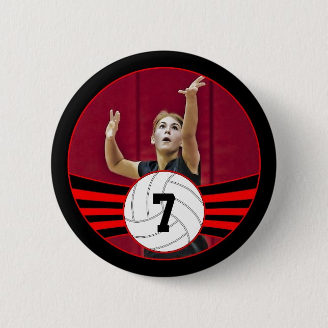 Red & Black Volleyball Foto & Jersey Nummer Button (Vorderseite)