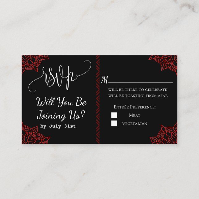 Red Black Wedding RSVP Card Begleitkarte (Vorderseite)