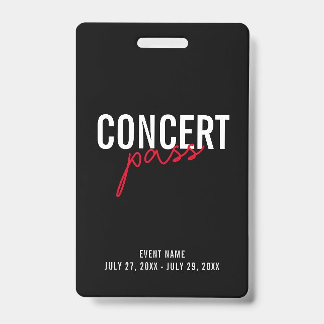 Red Black & White Concert Pass Custom ID Abzeichen Ausweis (Vorderseite)