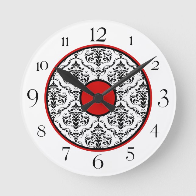 Red Black & White Damask Elegante Runduhr Runde Wanduhr (Vorderseite)