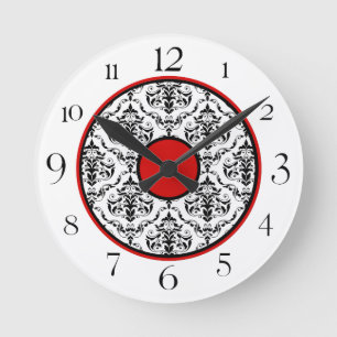 Red Black & White Damask Elegante Runduhr Runde Wanduhr