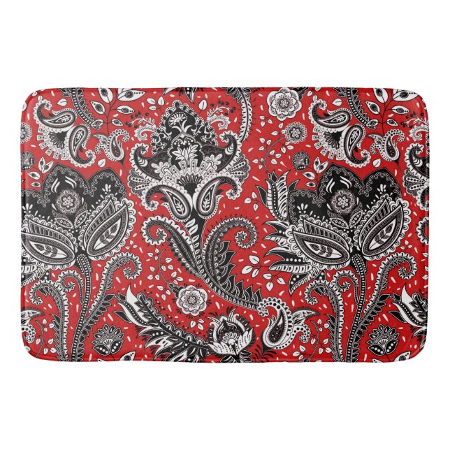 Red Black & White Floral Paisley Bohemisch Boho Badematte (Vorderseite)