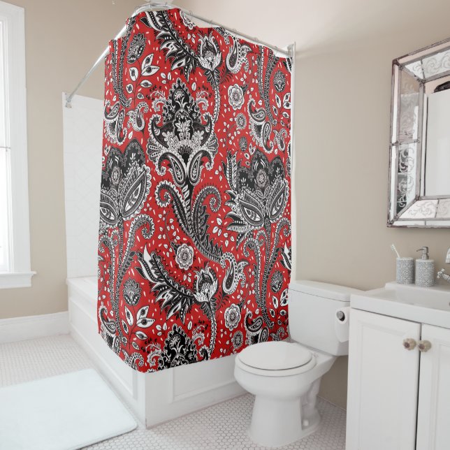 Red Black & White Floral Paisley Bohemisch Boho Duschvorhang (Beispiel)