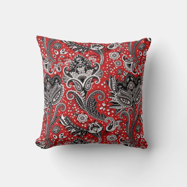 Red Black & White Floral Paisley Bohemisch Boho Kissen (Vorderseite)