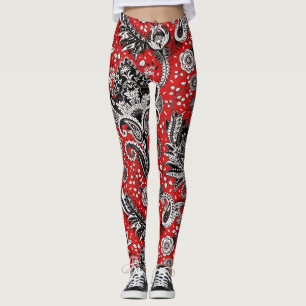 Red Black & White Floral Paisley Bohemisch Boho Leggings