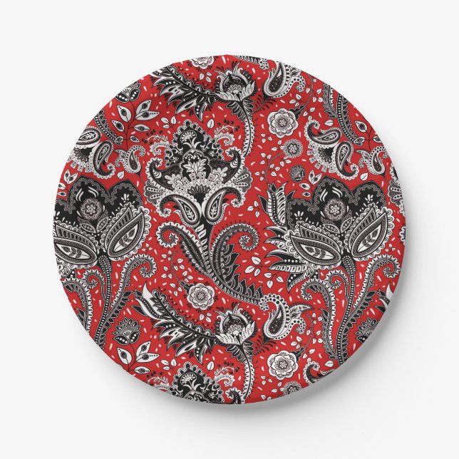Red Black & White Floral Paisley Bohemisch Boho Pappteller (Vorderseite)