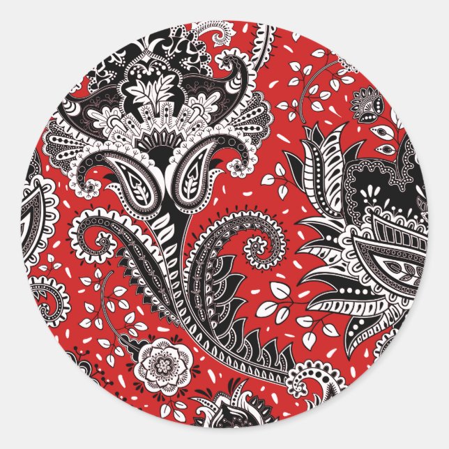 Red Black & White Floral Paisley Bohemisch Boho Runder Aufkleber (Vorderseite)