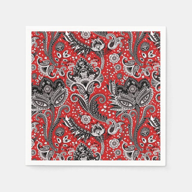 Red Black & White Floral Paisley Bohemisch Boho Serviette (Vorderseite)