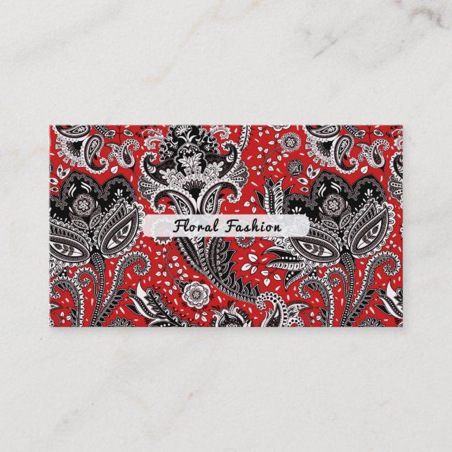 Red Black & White Floral Paisley Bohemisch Boho Visitenkarte (Vorderseite)