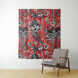 Red Black & White Floral Paisley Bohemisch Boho Wandteppich