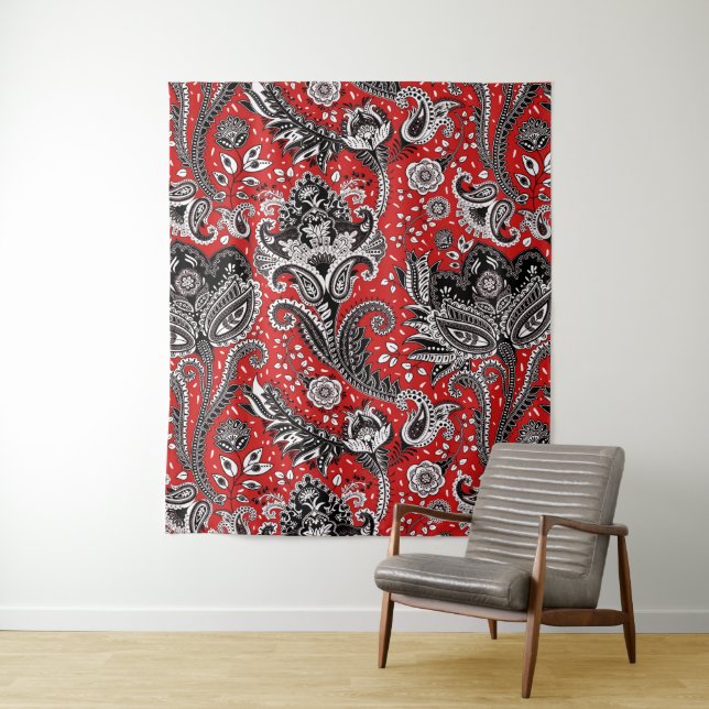 Red Black & White Floral Paisley Bohemisch Boho Wandteppich (Beispiel)