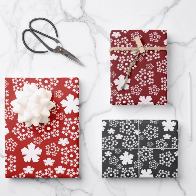 Red, Black & White Star & Snowflake Muster Geschenkpapier Set (Vorderseite)