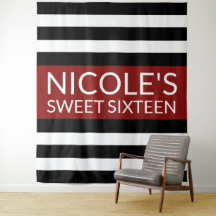 Red Black & White Sweet 16 Geburtstag Hintergrund Wandteppich