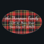 Red Black Yellow White Tartan Address Label Ovaler Aufkleber<br><div class="desc">Schönes zeitgenössisches schottisches Design in Rot, Weiß, Gelb und Schwarz Tartan und Streifen Muster Design. Mit Raum für die Personalisierung oder Anpassung mit Familiennamen und Adresse Ihrer Wahl. Verziertes, elegantes, stilvolles und eklektisches Design für den extravaganten angesagten Kunsthandwerker, den Vintagen Retro-Kunststil oder den abstrakten geometrischen Motiv-Liebhaber. Erhältlich auf einer Vielzahl...</div>