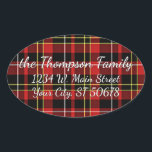 Red Black Yellow White Tartan Address Label Ovaler Aufkleber<br><div class="desc">Schönes zeitgenössisches schottisches Design in Rot, Weiß, Gelb und Schwarz Tartan und Streifen Muster Design. Mit Raum für die Personalisierung oder Anpassung mit Familiennamen und Adresse Ihrer Wahl. Verziertes, elegantes, stilvolles und eklektisches Design für den extravaganten angesagten Kunsthandwerker, den Vintagen Retro-Kunststil oder den abstrakten geometrischen Motiv-Liebhaber. Erhältlich auf einer Vielzahl...</div>