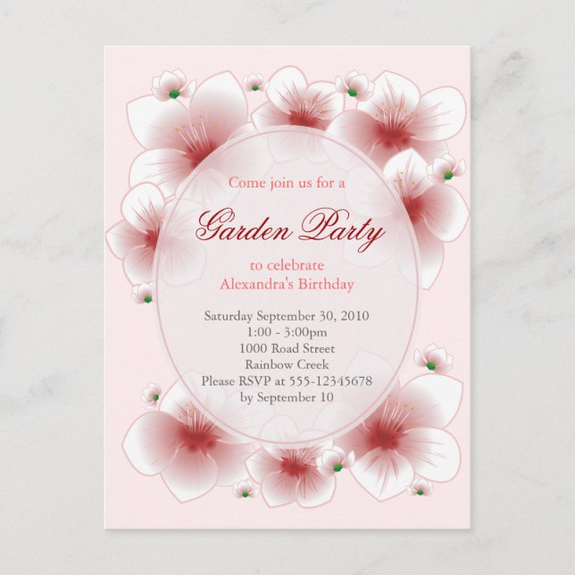 Red Blossom Blume Romantische Geburtstagspartei Einladungspostkarte (Vorderseite)
