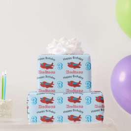 Red & Blue Airplane Muster Geburtsname & Alter Geschenkpapier