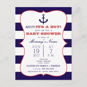 Red + Blue Anchor + Stripes Boy Baby Dusche Einladung