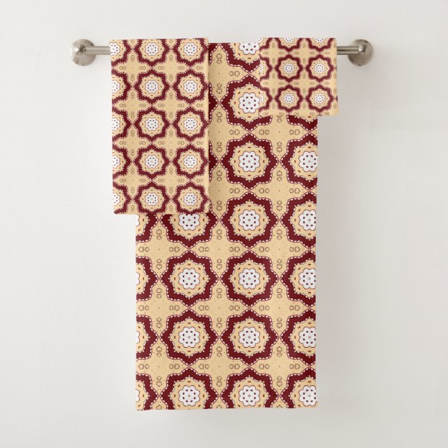 Red blue and beige geometric pattern  badhandtuch set (Insitu)