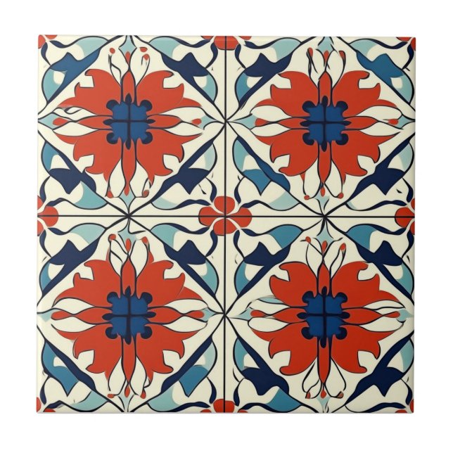 Red Blue and Off White Pattern Ceramic Tile Fliese (Vorderseite)