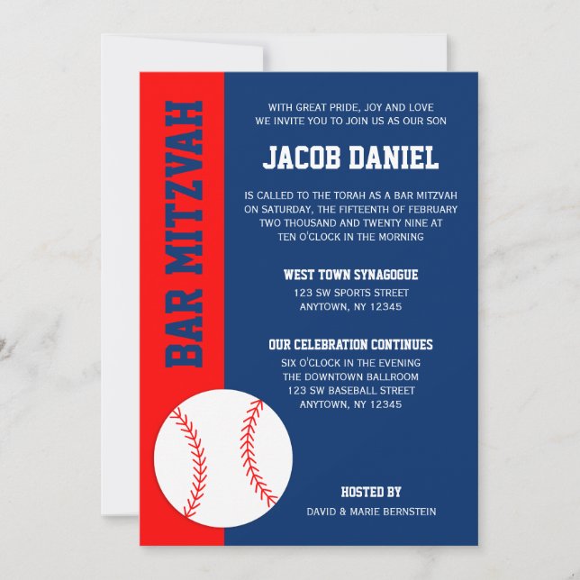 Red Blue Baseball Bar Mitzvah Einladung (Vorderseite)