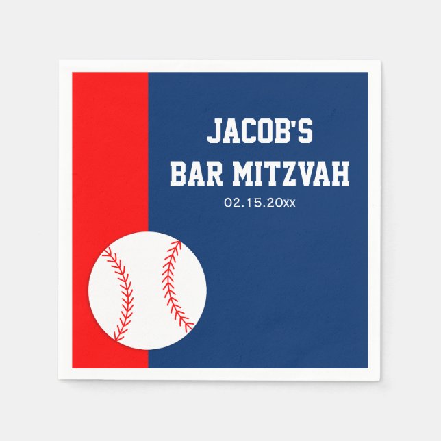 Red Blue Baseball Bar Mitzvah Personalisiert Serviette (Vorderseite)