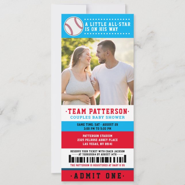 Red Blue Baseball Ticket Couples Baby Dusche Foto Einladung (Vorderseite)