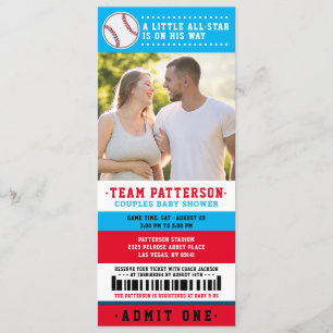 Red Blue Baseball Ticket Couples Baby Dusche Foto Einladung