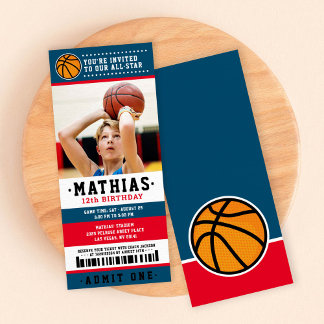Red Blue Basketball Ticket Geburtstag Foto Einladung